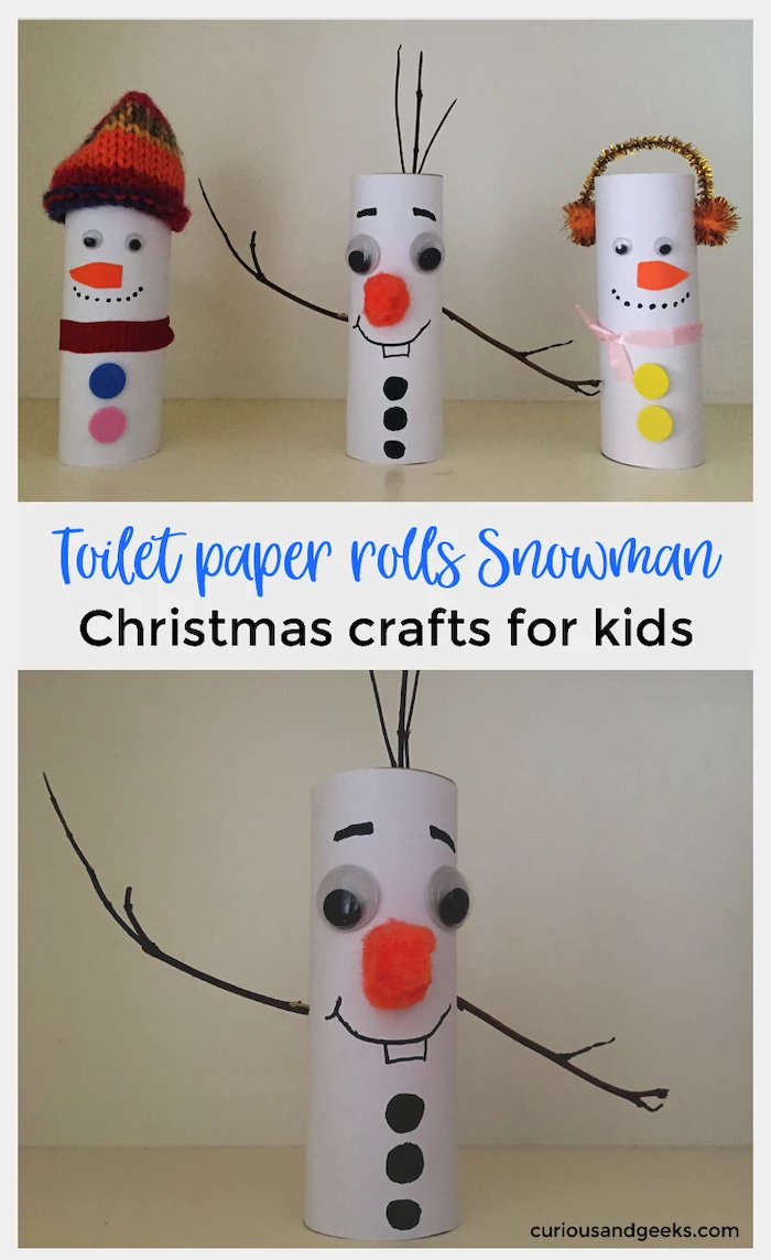 toilet paper rolls snowman, how to make ornaments, photo collage of step by step tutorials