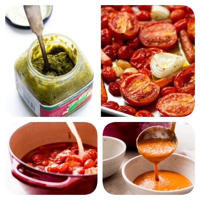 step by step diy tutorial, tomato soup with pesto sauce, cream of mushroom soup recipe, jar of pesto, white bowls