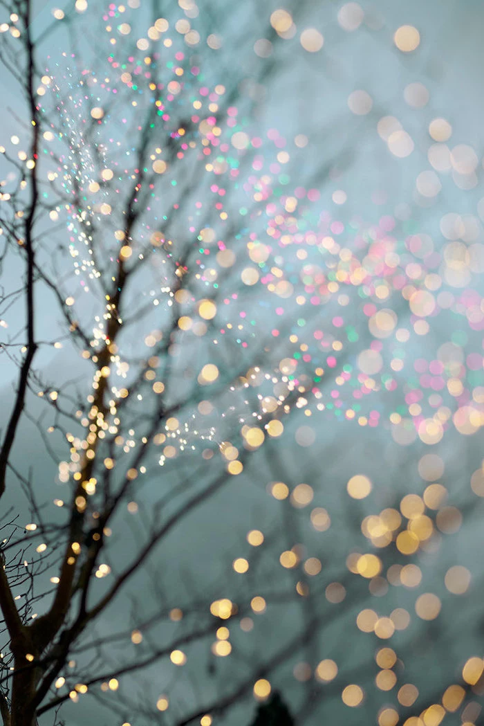 winter wallpaper iphone, tree branches intertwined with lights, blurred lights in the background