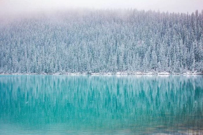 turquoise lake, surrounded by tall trees, covered with snow, laptop wallpaper, fog over the trees and lake