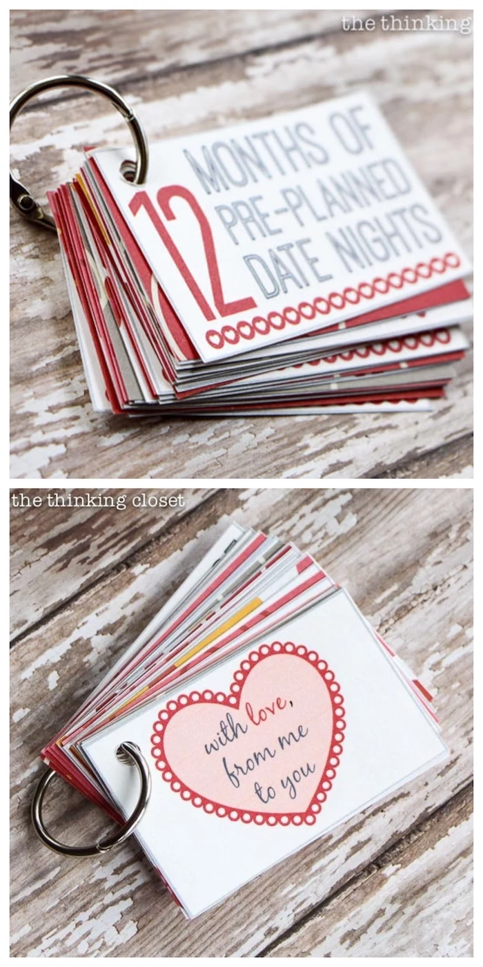 gifts for boyfriend, 12 months of pre-planned date nights, small flip book, placed on wooden surface, step by step diy tutorial