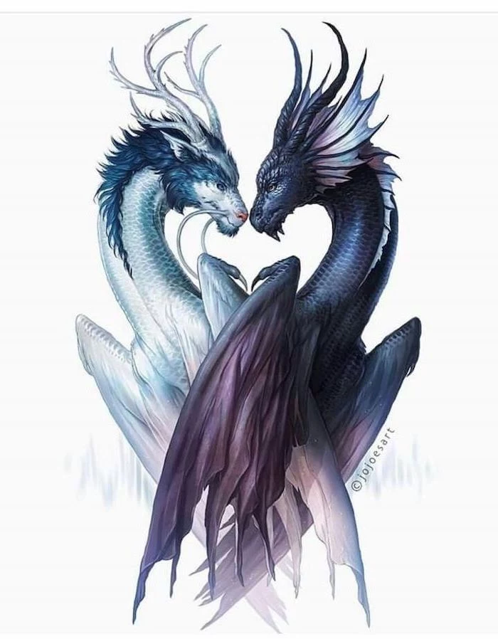 two dragons looking at each other, colored sketch, dragon forearm tattoo, white background