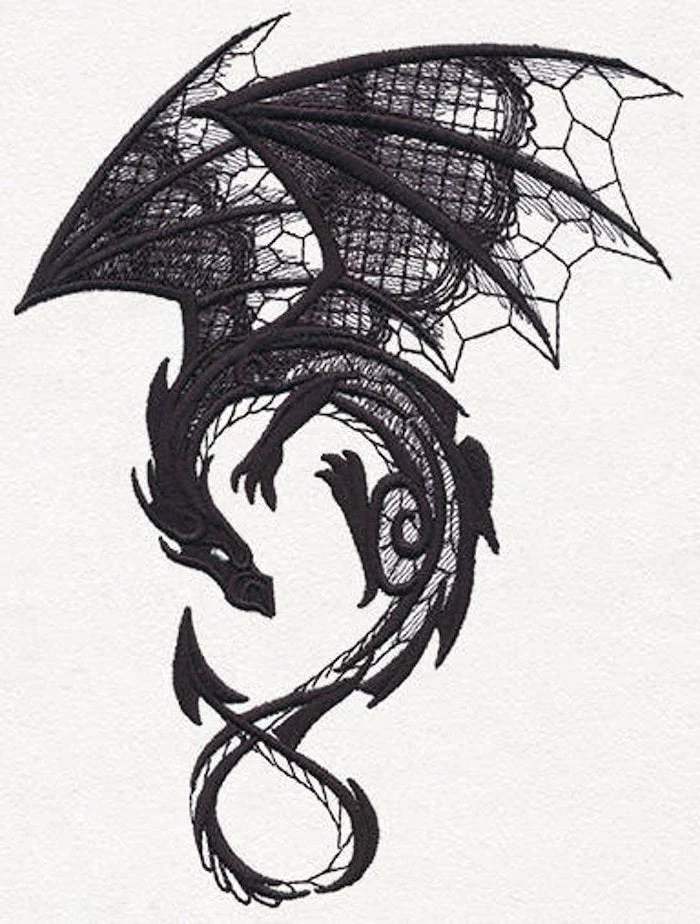 black dragon, black and white pencil sketch, dragon forearm tattoo, white background