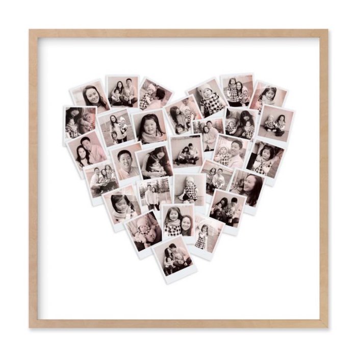wooden frame with lots of photos in it, arranged in the shape of a heart on white background, meaningful gifts for mom