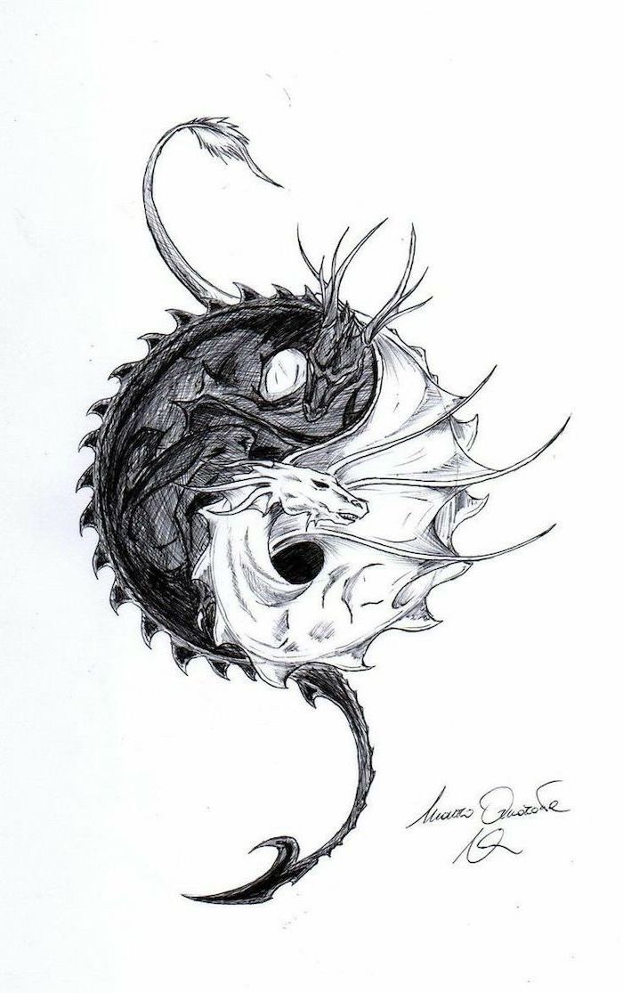 yin and yang, two dragons intertwined, dragon tattoo design, black and white pencil sketch, white background