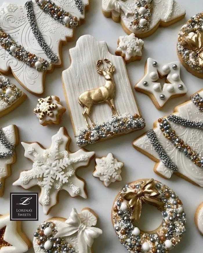 cookies in different shapes, royal icing recipe for sugar cookies, decorated with fondant and icing, in grey white and gold
