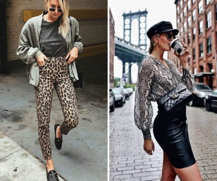 side by side photos fo two women with different outfits, clothing trends 2019, leopard print trousers, snake skin print blouse
