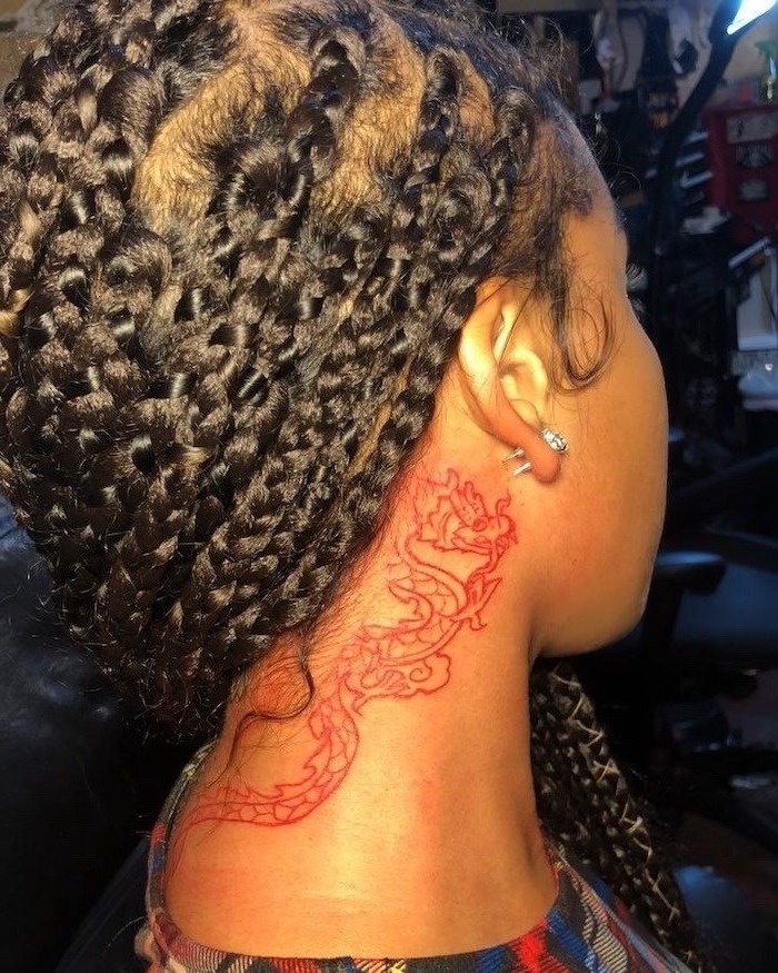 woman with black braids, neck tattoo, dragon tattoo ideas, red dragon