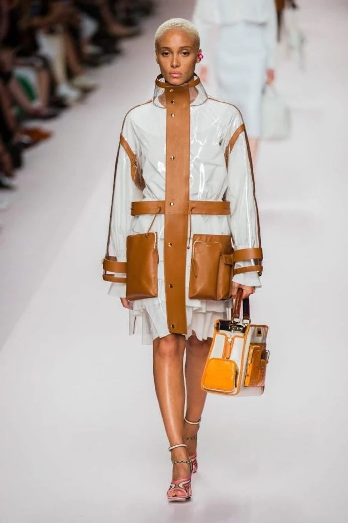 model walking down the runway, trendy fall outfits, wearing white dress, see through coat on top, open toe sandals