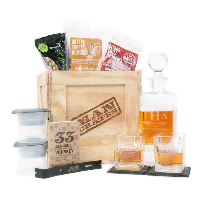 what to get my boyfriend for christmas, wooden crate filled with different nuts, whiskey glasses and decanter