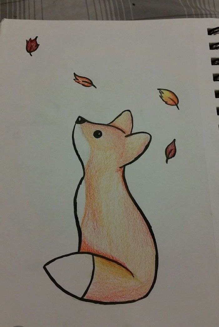 baby fox looking up at falling leaves, cute easy drawings, colored drawing on white background