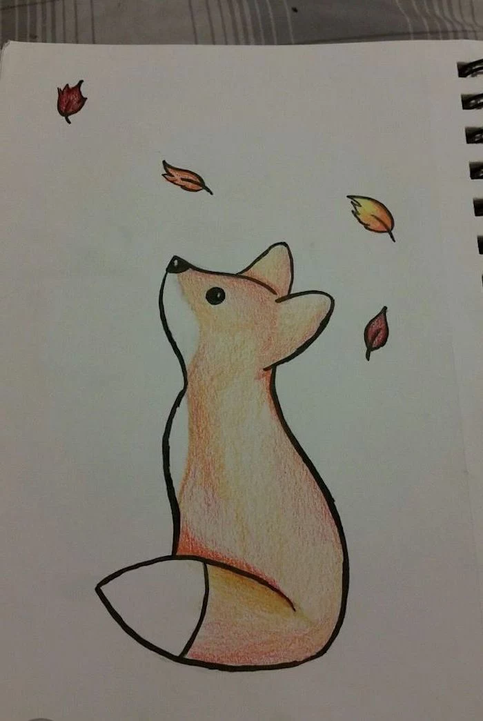 baby fox looking up at falling leaves, cute easy drawings, colored drawing on white background