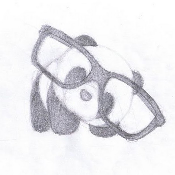 baby panda with large glasses, black and white pencil sketch, easy pencil drawings, white background