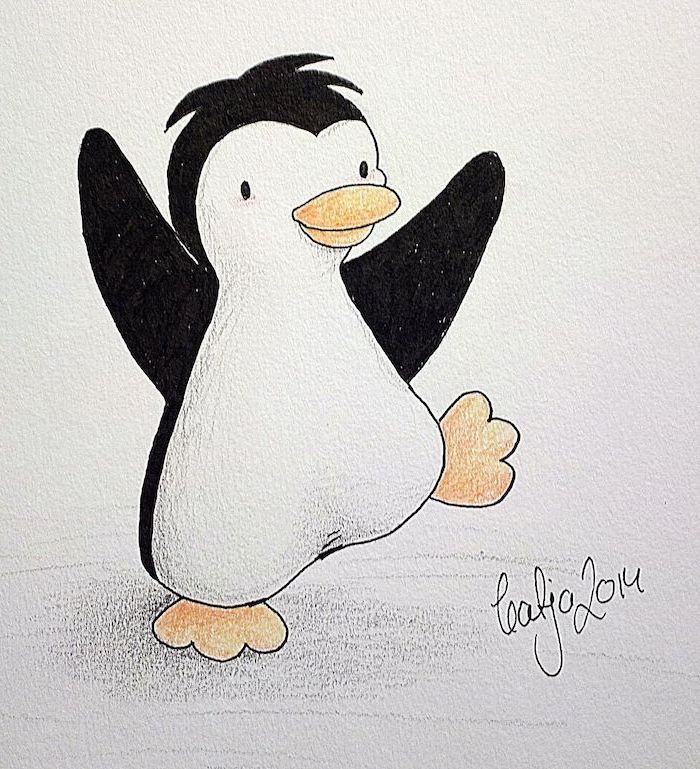 baby penguin dancing, colored drawing on white background, pencil sketch, cute easy drawings