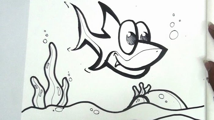 baby shark, swimming in the ocean, black and white drawing, easy pencil drawings, white background