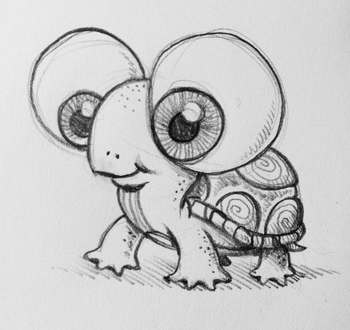 1001 Ideas For Cute Easy Drawings To Improve Your Concentration   Baby Turtle With Large Eyes Black And White Pencil Sketch On White Background What To Draw When Bored 