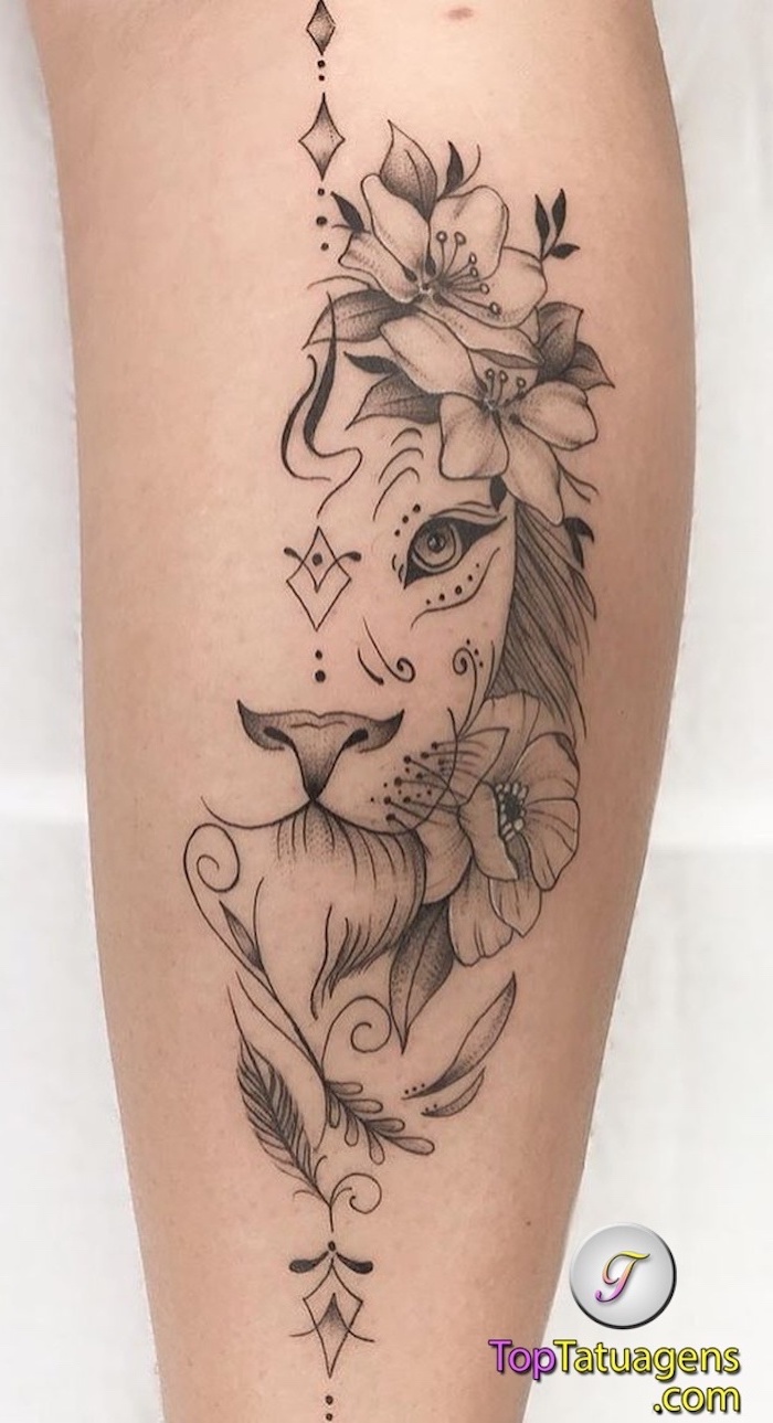 half of a lion head, flowers instead of mane, geometrical design, lioness tattoo, back of leg tattoo