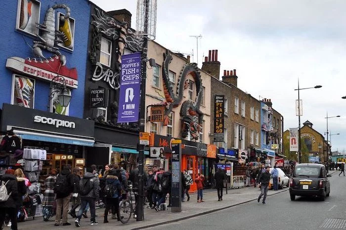 camden high street, people walking up and down the street, benefits of shopping, people shopping on the high street