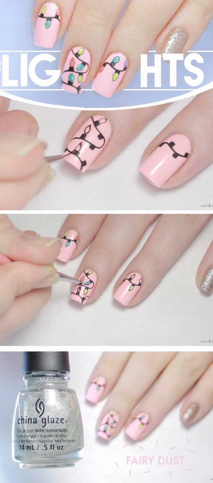 photo collage of step by step diy tutorial, different color nails, christmas lights decorations on each nail, pink nail polish