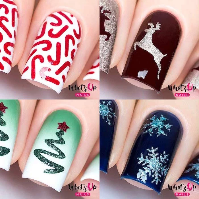 photo collage of four different christmas themed decorations, different color nails, red blue and green nail polish
