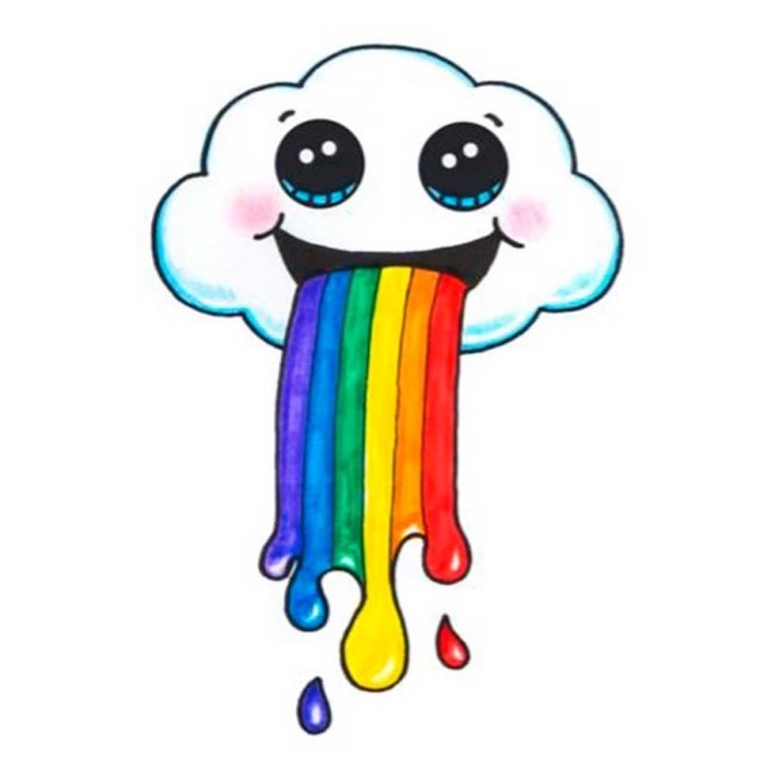 cartoon cloud smiling, rainbow coming out of its mouth, things to draw when bored, colored drawing on white background