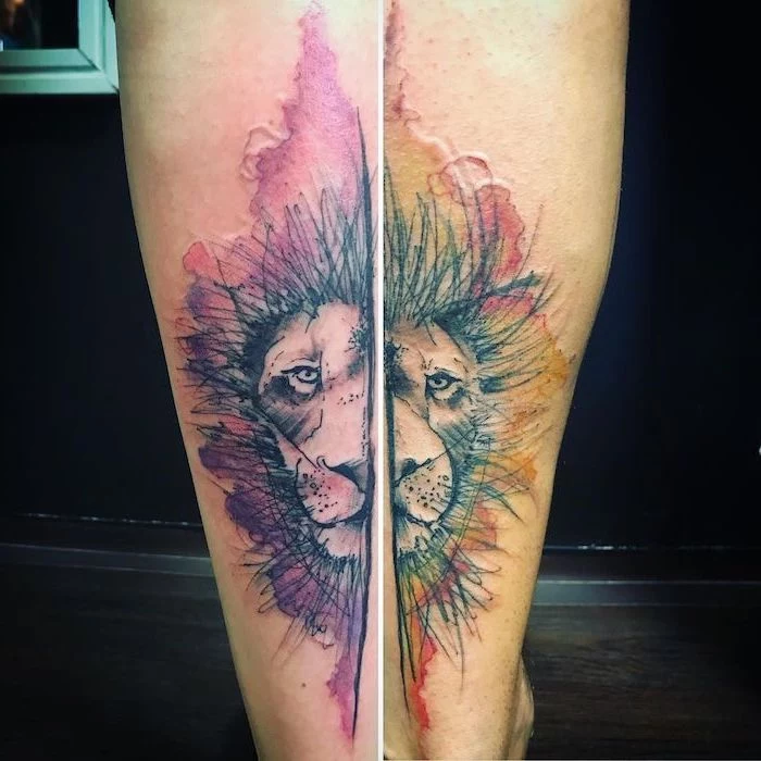 matching couple tattoo, back of leg tattoos, lion forearm tattoo, lion heads with manes in different colors, watercolor tattoos