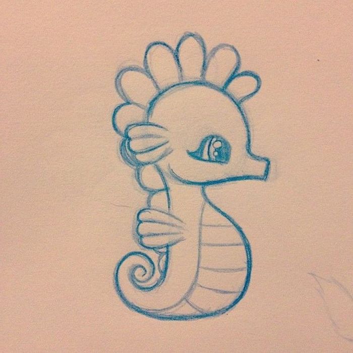 baby sea horse, black and white pencil sketch, things to draw when bored, white background