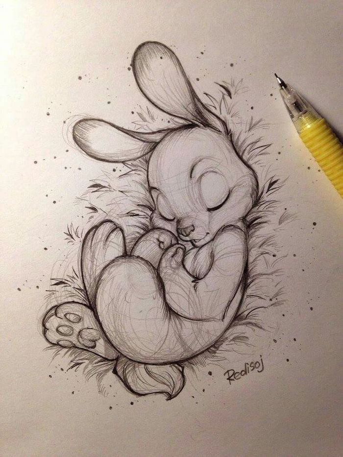 how to draw step by step, bunny sleeping, black and white pencil sketch, white background