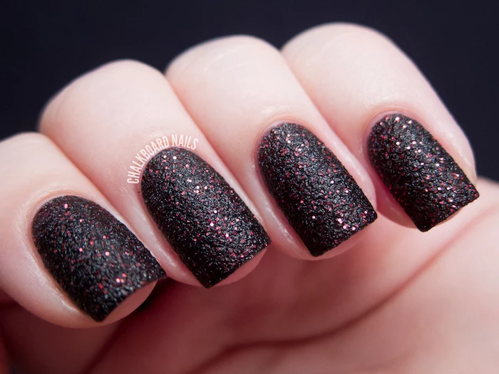 dark black and red glitter nail polish, nail colors, short square nails
