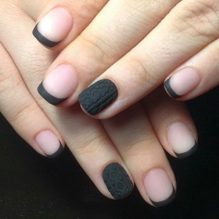 french manicure with dark grey matte nail polish, nail color ideas, decoration on the ring finger