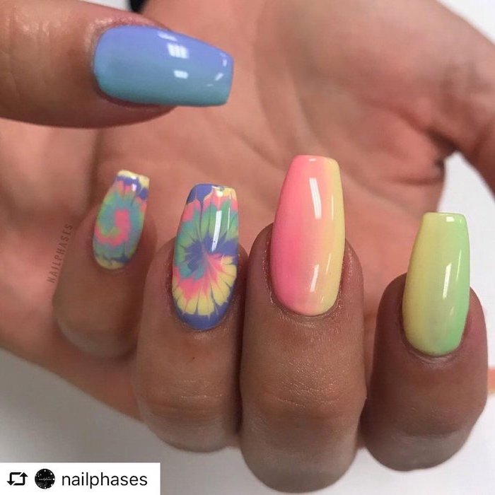 different ombre colors on each nail, ombre acrylic nails, decorations on ring and pinky fingers, medium length square nails