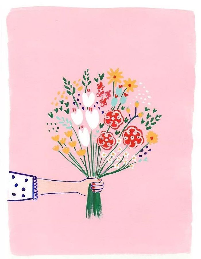 a bunch of flowers, held by a female hand, cool things to draw, colored drawing on pink background
