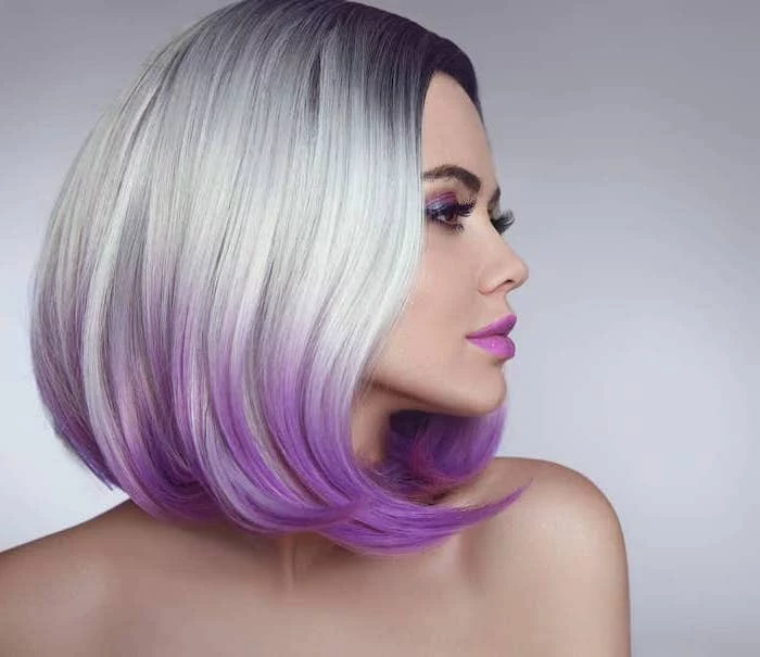 woman with short straight bob, dark to light grey to purple ombre effect, hair color for women over 50