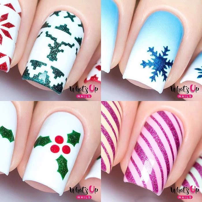 neutral nail colors, photo collage of four different christmas themed nail decorations, snowflakes and mistletoes