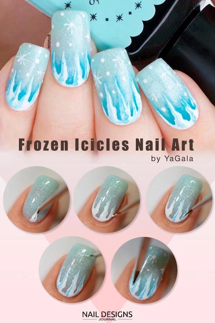 step by step diy tutorial, frozen icicles nail art, neutral nail colors, blue glitter nail polish