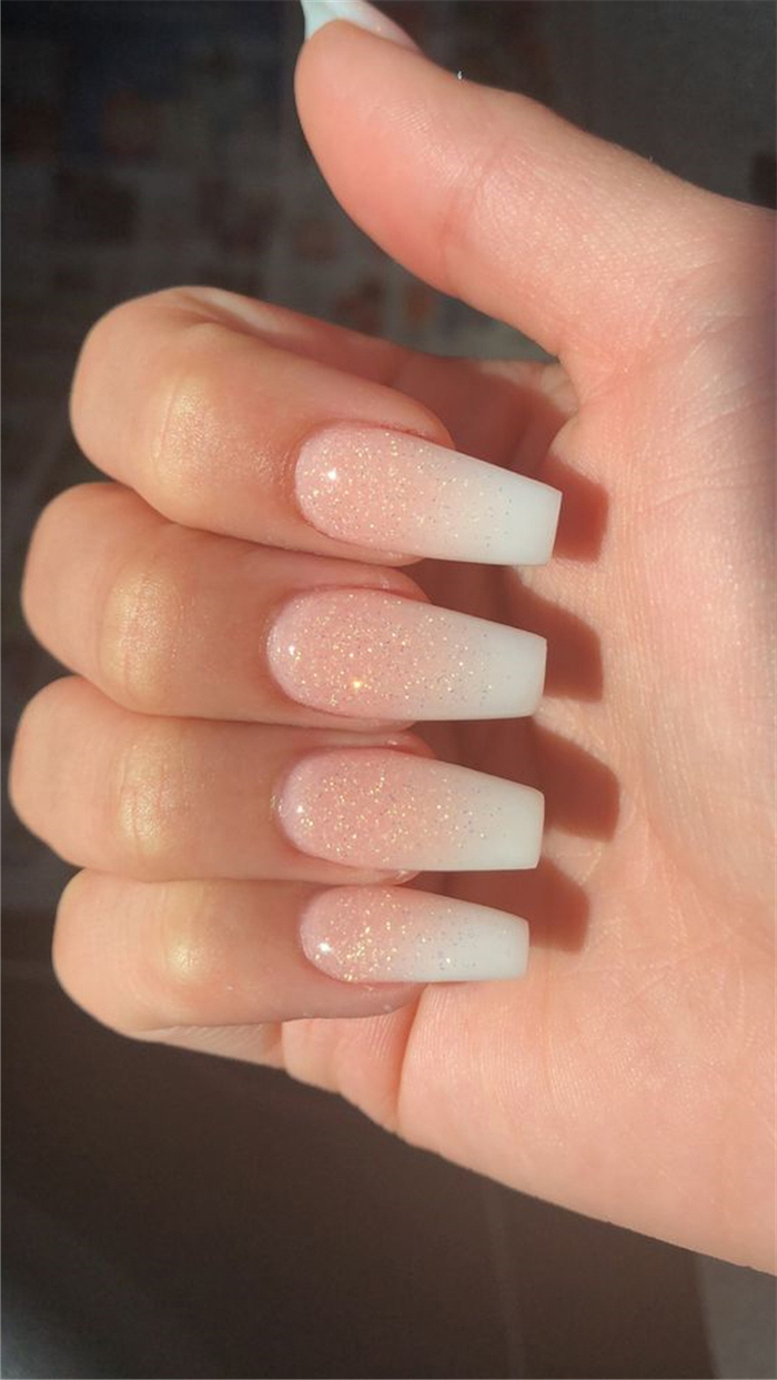 nude to white gradient glitter nail polish, long coffin nails, ombre nails