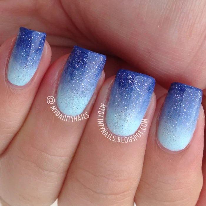 light to dark blue gradient glitter nail polish, short square shaped nails, pink and white ombre nails
