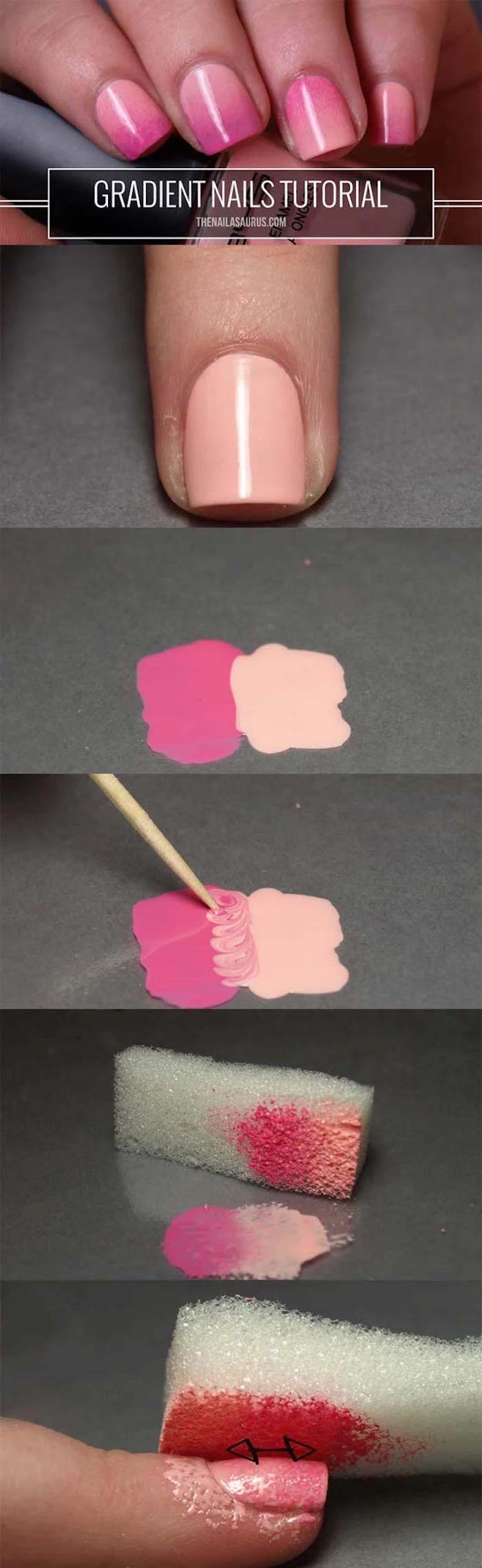 step by step diy tutorial, how to do ombre, light to dark pink gradient nail polish, pink ombre nails, short square nails