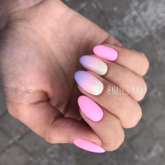 yellow to pink and purple gradient nail polish, ombre on middle and ring fingers, pink and white ombre nails, pink nail polish