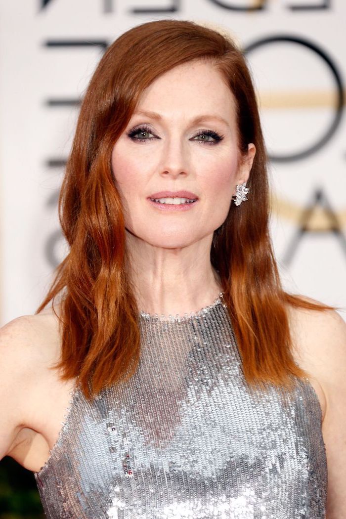 julianne moore wearing silver metallic dress, brunette highlights, natural auburn hair, medium length wavy hair