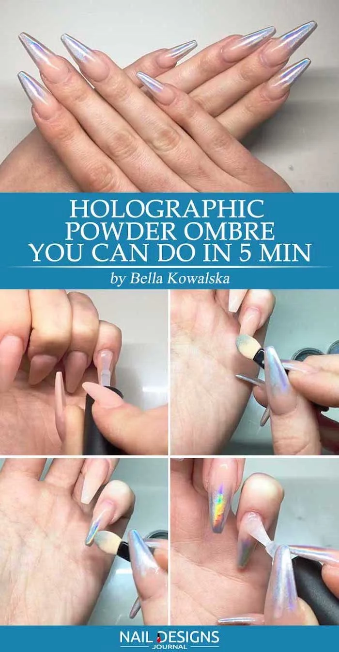 nude ombre nails, holographic powder ombre, step by step diy tutorial, nude to silver glitter gradient nail polish