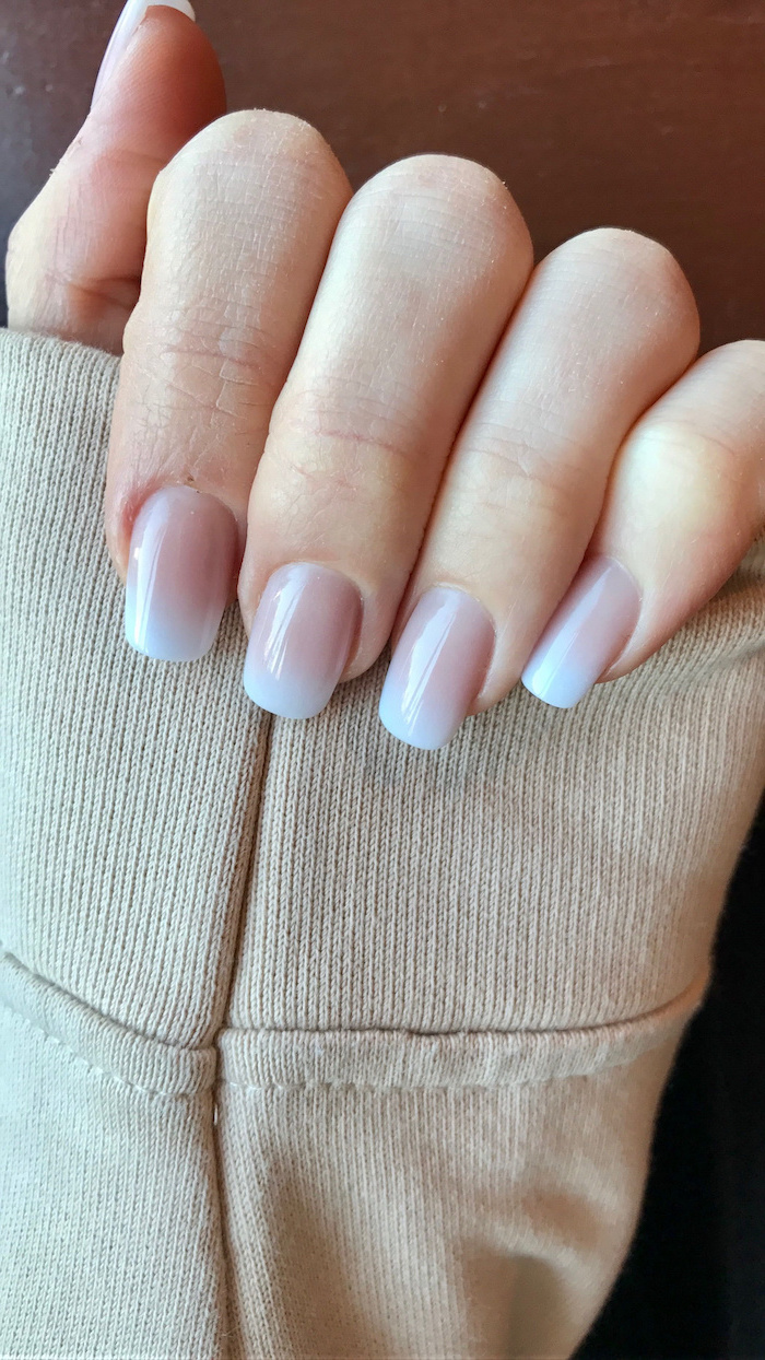 nude to white gradient nail polish, medium length square nails, pink ombre nails