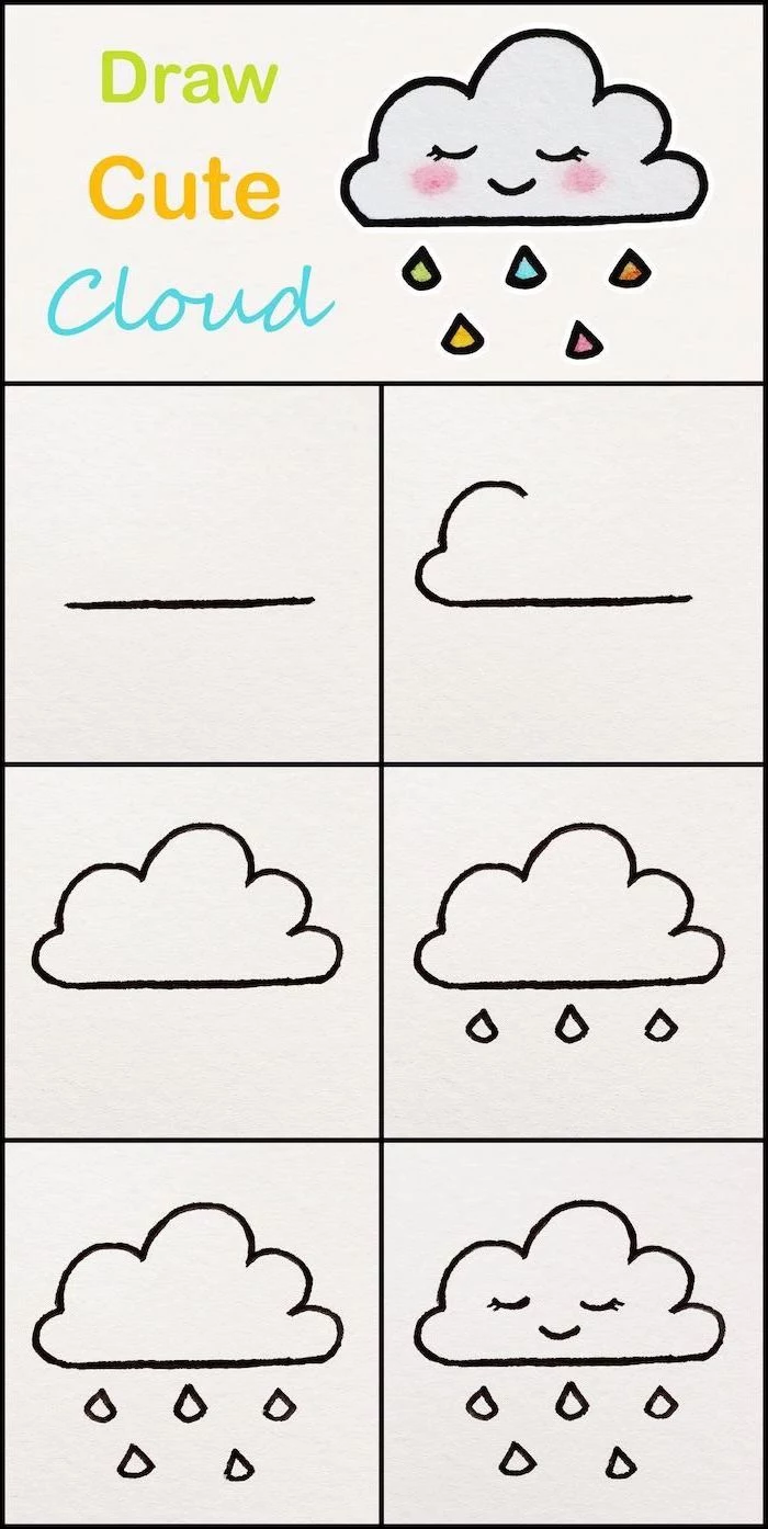 how to draw a cloud, step by step diy tutorial, cool easy drawings, photo collage on white background