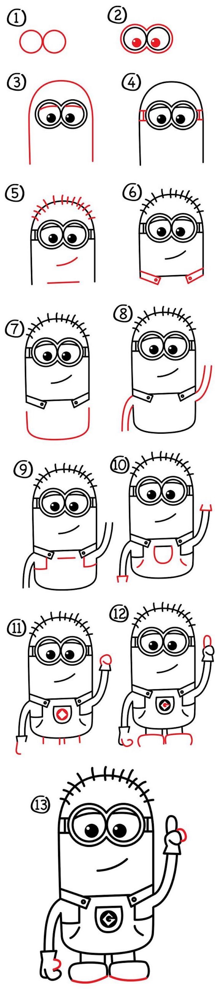 step by step diy tutorial, how to draw a minion, cute and easy drawings, white background