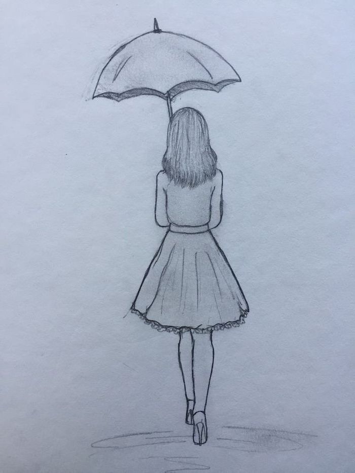 Cute Easy Drawings Of People For Beginners Markoyxiana   How To Draw Step By Step Girl Walking With An Umbrella Wearing Skirt And Heels Black And White Pencil Sketch 