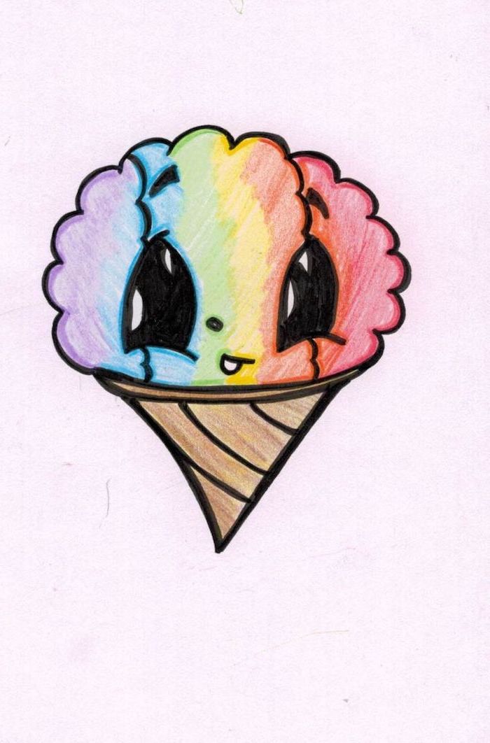 ice cream cone with eyes, ice cream in the colors of the rainbow, colored drawing, easy animals to draw, pink background