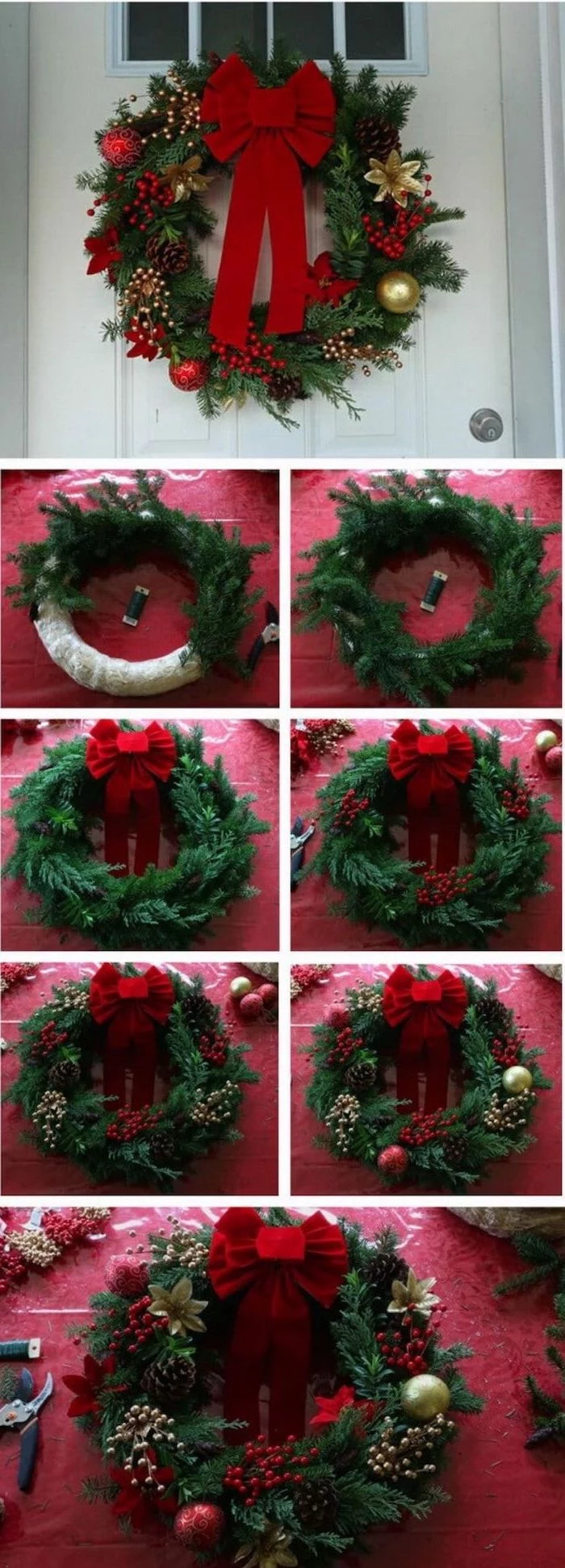 photo collage of step by step diy tutorial, wreath with pine cones, red baubles and berries and red ribbon, front door christmas decor