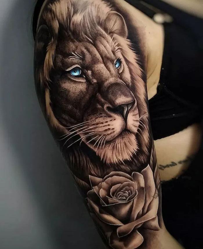 Lion mens sleeve tattoo  Starry Eyed Tattoos and Body Art Studio