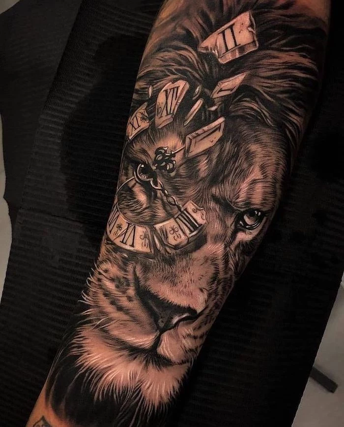 forearm tattoo, lion tattoo meaning, lion head with a broken clock with roman numerals, black background