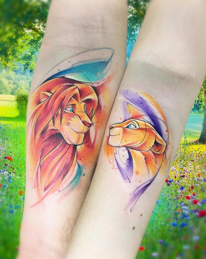 simba and nala, matching couple tattoos, forearm tattoos, watercolor tattoos, lion shoulder tattoo